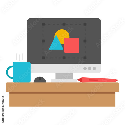 Graphic Designer Workspace Computer Screen Showing Geometric Shapes Design Process Illustration