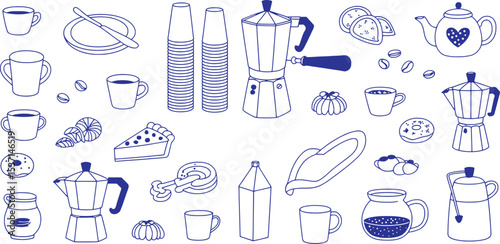 Blue Outline Coffee Tea Breakfast Food Pattern mugs