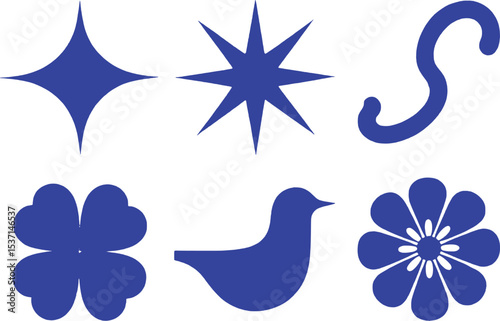 Blue Shapes Set Star Flower Bird Clover Design Elements