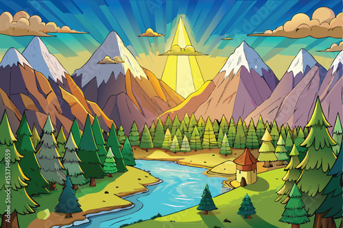 Camping vector illustration with green summer mountain landscape, river, forest, and sunrise sky