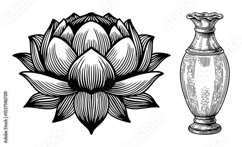 Vector Floral arrangement featuring a lotus blossom and ornate vase .