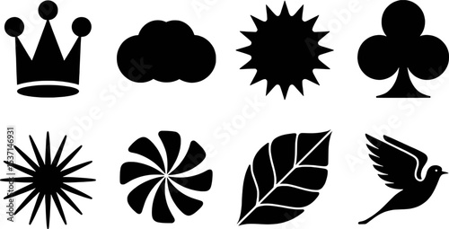 Eight Black Silhouettes Symbols Crown Cloud Sun Club Star Flower Leaf Bird