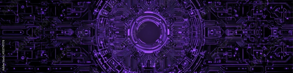 Obraz premium Futuristic Cyberpunk Circuit Board: Abstract Purple Technology Background with Digital Elements and Circular Center Design. Vector Illustration for Tech Banners, Web Design, and Fintech Presentations.