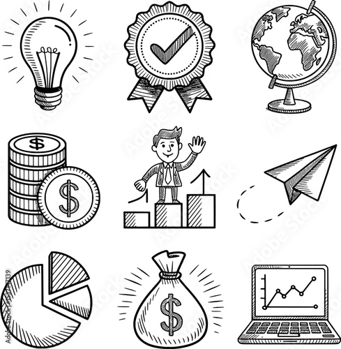Hand Drawn Business Icons Set Lightbulb Coins Graph Award Globe