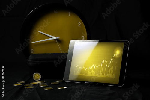 modern electronic tablet showcasing a rising financial chart, coins scattered in front of a golden clock highlighting time and financial success. Ideal for business and finance-related themes. photo