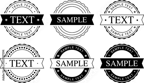Six Black and White Circular Text Badges with Banners