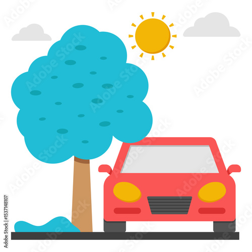Happy Summer Road Trip Red Car Parked Under Sunny Tree Illustration