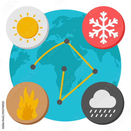 Global Climate Change Sun, Snow, Fire, Rain Weather Pattern Illustration
