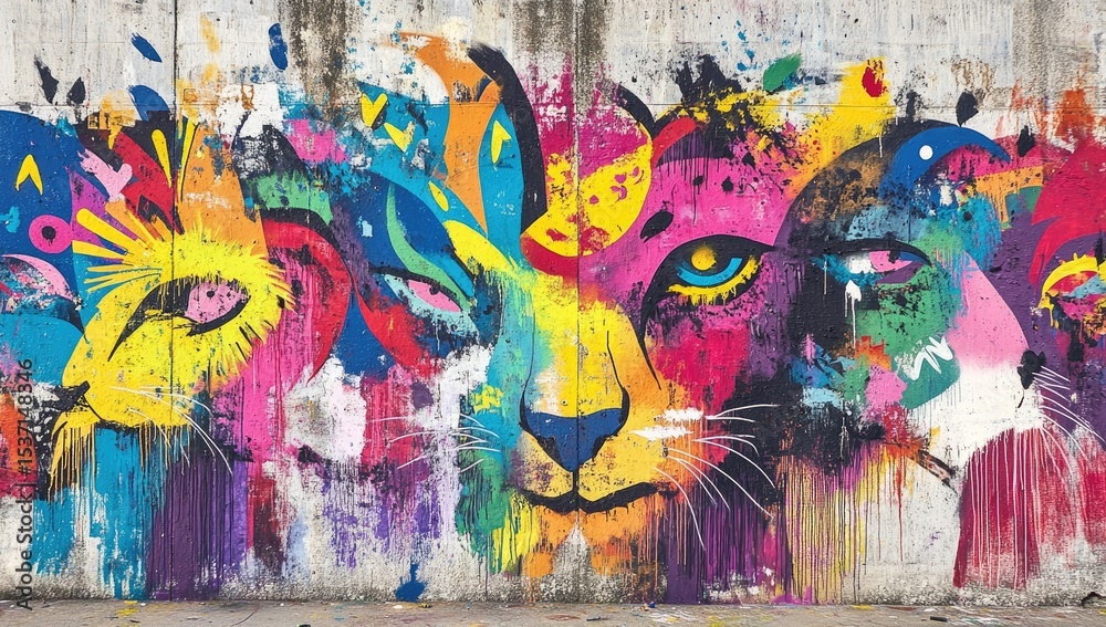 Fototapeta premium Vibrant mural of stylized feline faces