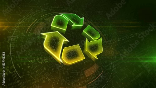 Recycling cyber 3d symbol. Digital neon icon seamless and looped abstract concept animation.