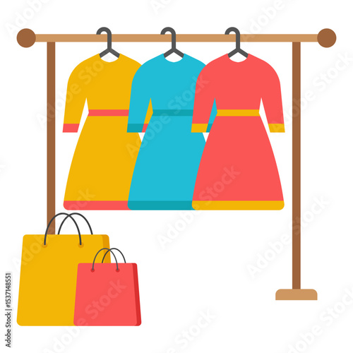 Three Stylish Dresses on Clothing Rack with Shopping Bags Retail Fashion Apparel Display
