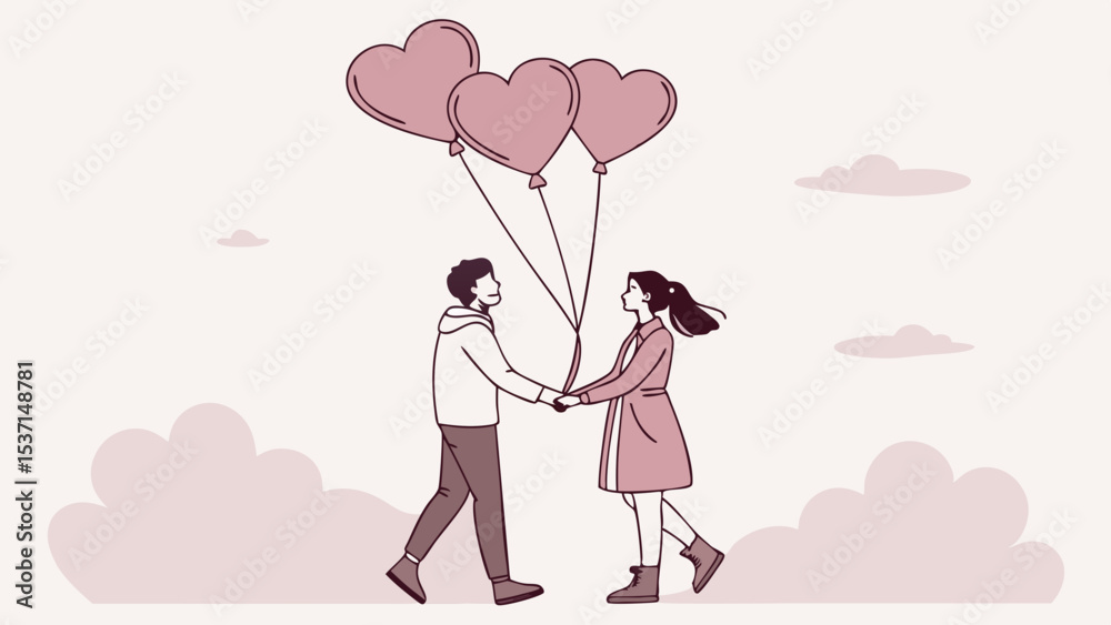 Couple Holding Hands, Floating with Heart Balloons Romantic Illustration Couple Holding Hands, Floating with Heart Balloons Romantic Illustration