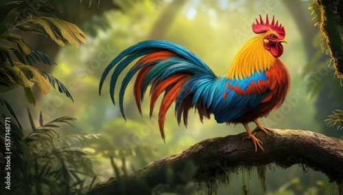 Wallpaper Mural Colorful rooster perched on a branch in a lush jungle Torontodigital.ca