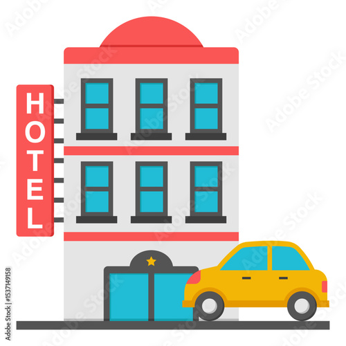 Happy Traveler Arriving at Charming City Hotel Building Illustration