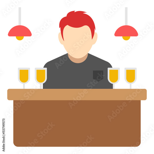Calm Bartender at Night Bar Counter with Drinks Flat Icon Illustration