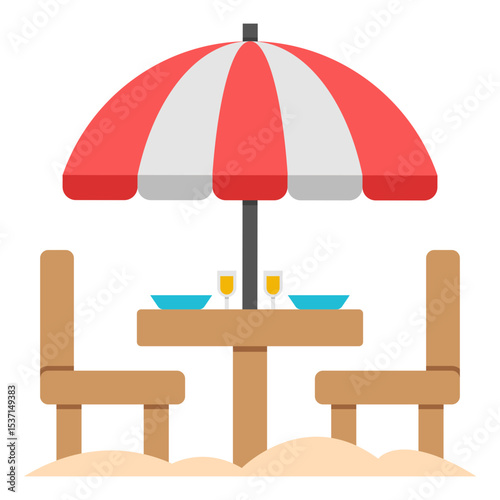 Romantic Beachside Lunch Under Striped Umbrella Couple's Table Setting with Drinks