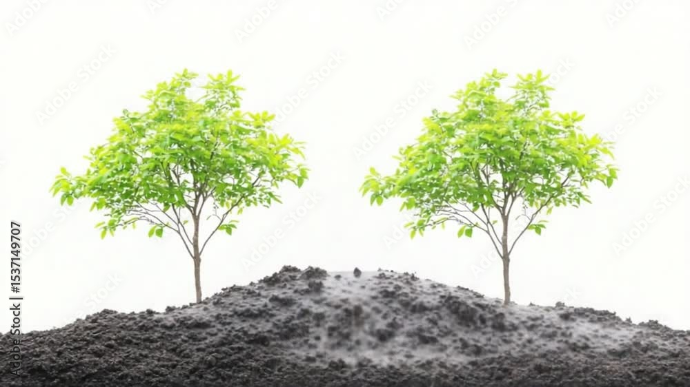 Two lush green trees growing on a mound of rich soil against a bright white background