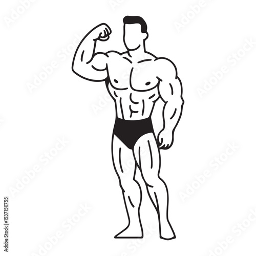Outlined gym icon of flexing bodybuilder with big muscles.