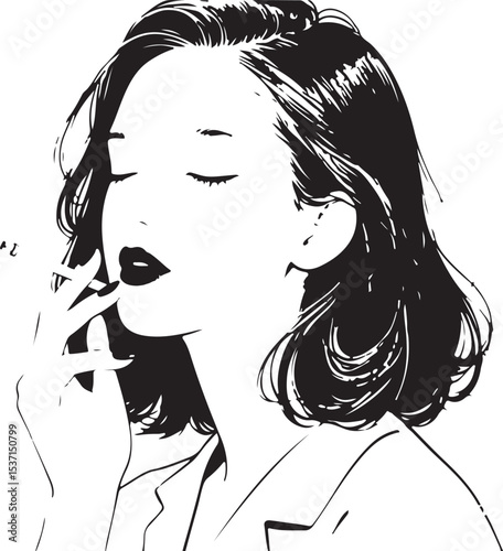 Elegant long-haired woman illustration, a beautiful profile sketch with flowing hair and captivating eyes, embodying fashion and art