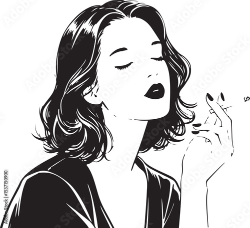Long flowing hair frames the beautiful face of a woman in a striking silhouette illustration, capturing her glamour and unique style