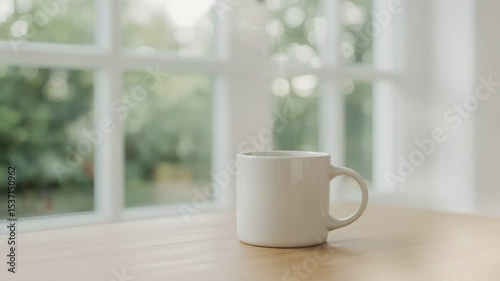 White ceramic mug placed on a wooden table near a window with sheer curtains, soft daylight creating a calm and cozy indoor atmosphere.