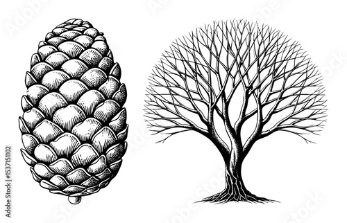 Vector Detailed illustrations of a pinecone and bare tree showcase natural elements.