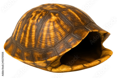 Empty brown and gold turtle shell on a transparent background