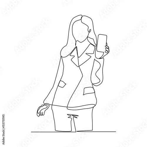 Continuous line drawing of business woman holding smartphone. Editable stroke sketch line concept of finger click phone. Vector illustration