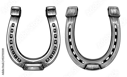 Vector Detailed illustrations of two vintage horseshoes showcase intricate metalwork.