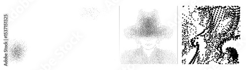 Vector Couple walking with a dog illustrated as a pointillist .