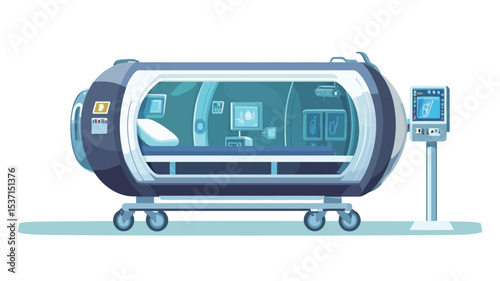A digital illustration depicting a futuristic medical isolation pod on wheels. The pod is predominantly dark gray and light blue, with a transparent section revealing a bed and various digital