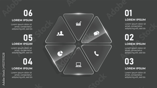 Glass Effect 3D Circle Infographic. 6 Step Business Timeline with Icons, Buttons, and Web Interface Elements