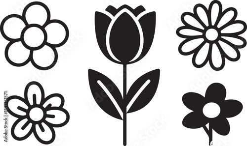 Elegant floral vector set featuring black and white blossoms, leaves, and spring elements for vintage nature design and decoration