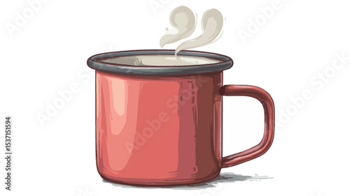 A digital illustration of a red enamel mug with a hot drink inside. The mug is depicted in a style reminiscent of a hand-drawn illustration or vector graphic, featuring visible texture and shading.