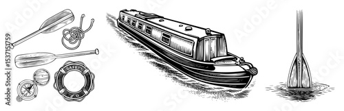 Vector Vintage narrowboat with nautical elements and oars.