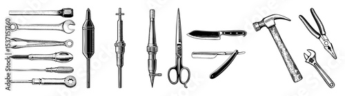 Vector Detailed vector of assorted hand tools including wrenches screwdrivers and a hammer.