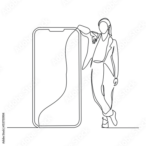 Continuous line drawing of business woman holding smartphone. Editable stroke sketch line concept of finger click phone. Vector illustration