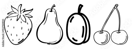 Vector Fresh fruit illustrations featuring a strawberry pear plum and cherries.