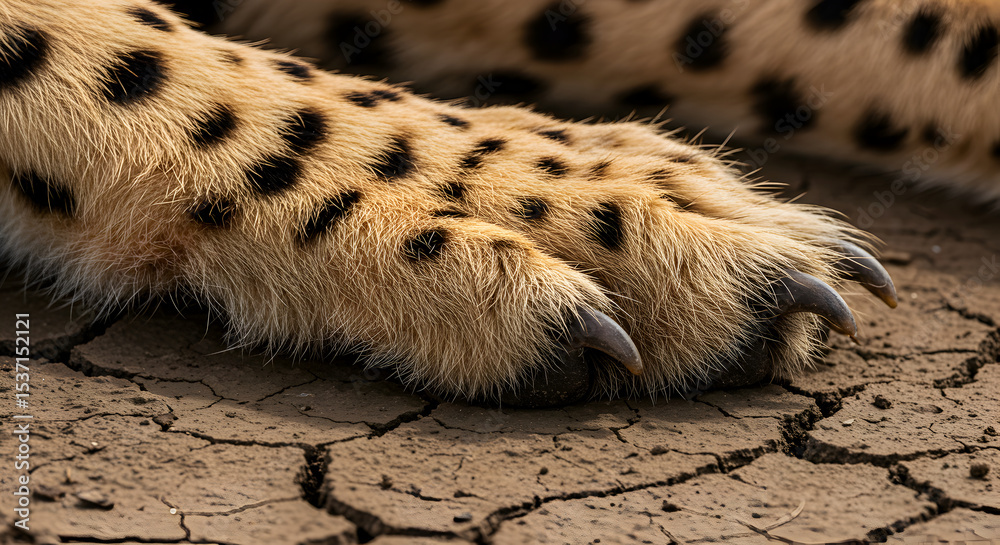 Obraz premium Close-up of a Cheetah's Paw Resting on Cracked Earth, Showing Claws