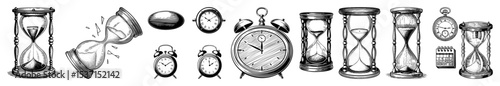 Vector Vintage timekeeping devices featuring hourglasses clocks and pocket watches.