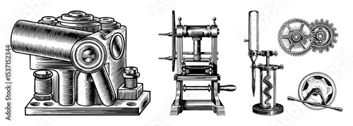 Vector Detailed engraving of industrial machinery components including a motor gears and a mechanical press.