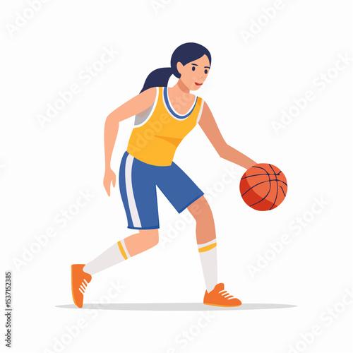 Basketball Player Dribbling: A young woman basketball player in a yellow and blue uniform dribbles the ball with focus and determination.