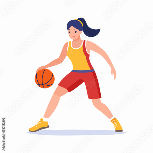 Basketball Player Dribbling: A young woman basketball player, wearing a yellow and red jersey and yellow sneakers, skillfully dribbles the ball.