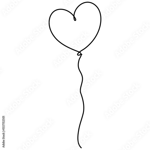 Balloon with heart shape continuous line drawing. Love gift symbol. Vector illustration isolated on white.