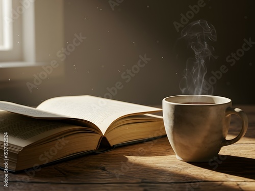 A cup of hot coffee with steam rising, standing next to an open book on the table, lit by the rays of sunlight streaming in through the window.