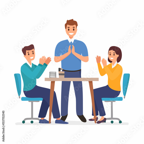 Appreciation: A team of colleagues applauds, showing admiration and recognition for a colleague, showing teamwork and collaboration in an office environment. 