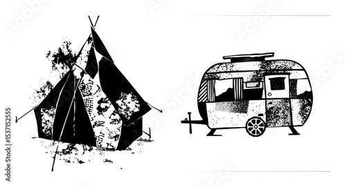 Vector Vintage camper and teepee showcases outdoor adventure.