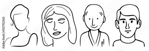 Vector Diverse group of four minimalist headshots in black lines.