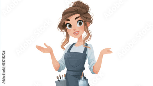 A digital illustration of a young woman with brown hair in an updo, wearing a grey apron. She is depicted from the waist up with her arms outstretched in a welcoming or questioning gesture.