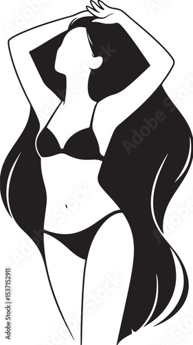 Sleek woman in a black and white bikini showcasing her slim body with glamour and sensuality